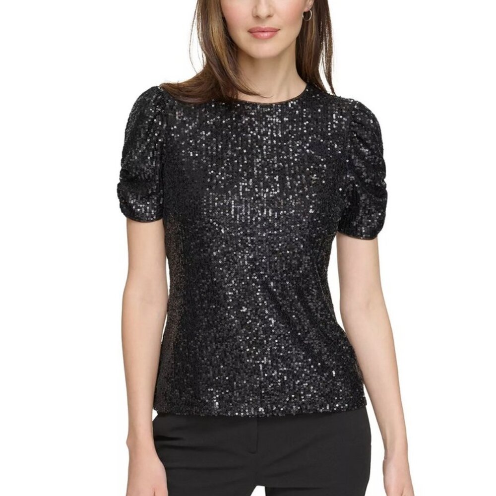 DKNY Women's Puff-Sleeve 🖤✨Black Sequin-Embellished T-Shirt
